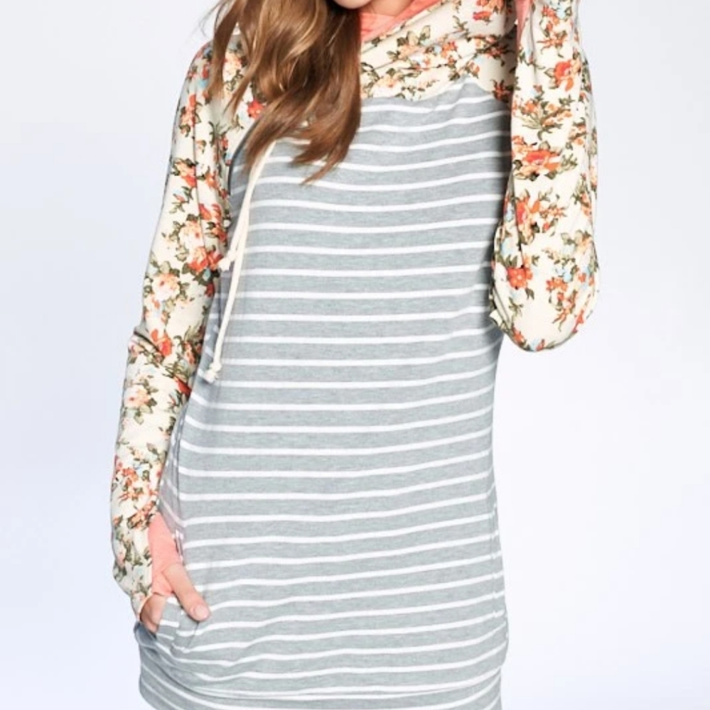 Cher's Floral Sleeve Stripe Zip Up Double Hoodie!
